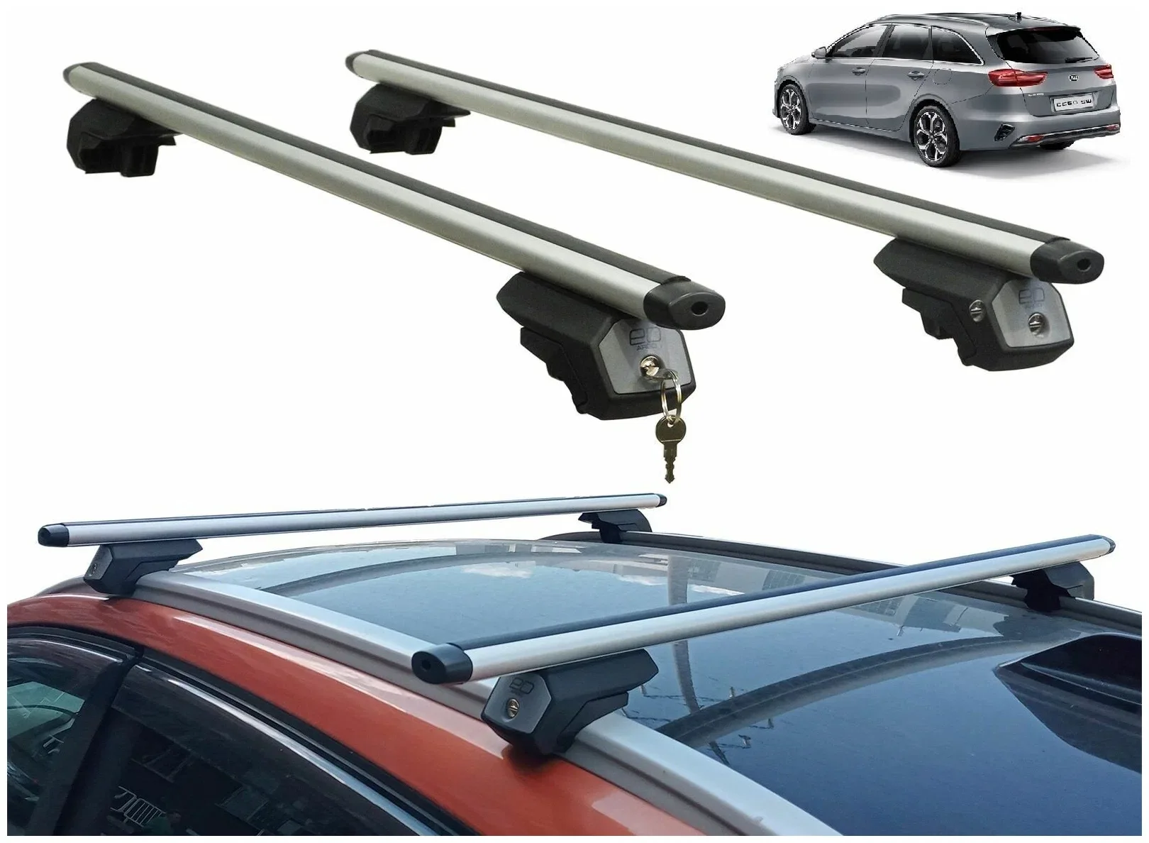 Универсальный Багажник на интегрированные рейлинги Евродеталь Арго, аэродинамические дуги c замком